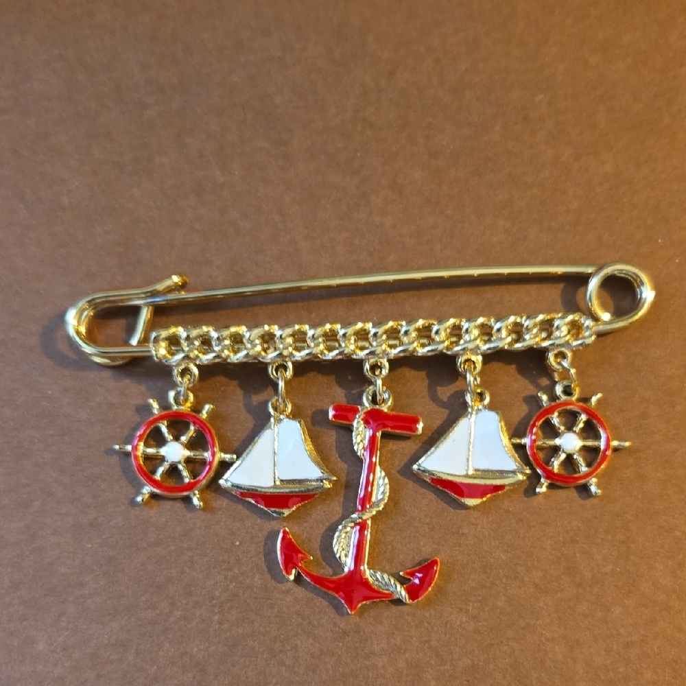 Gold Nautical Brooch with Red and White Accents